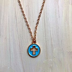 Necklace | Handmade Gold Chain Necklace with Light Blue Enamel Cross Charm